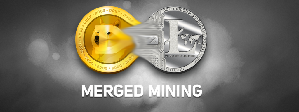 Merged mining illustration showing Dogecoin and Litecoin coins with the text “MERGED MINING”