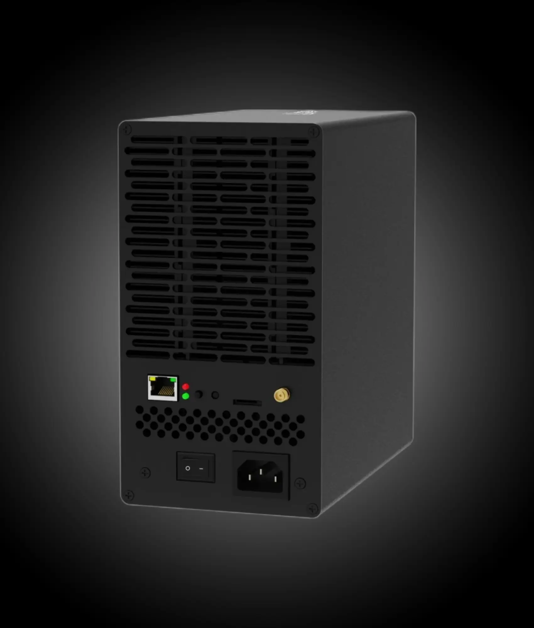 IceRiver AE1 Lite 300 Mh/s Aleo ASIC miner rear view showing ventilation grille, Ethernet port, status lights, and power input