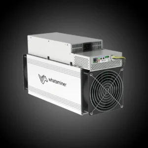 MICROBT Whatsminer M60S+ 212T Bitcoin ASIC miner shown from a rear angled perspective with large cooling fan, external power supply unit, control interface panel, and Ethernet connection port