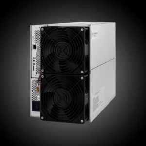 MICROBT Whatsminer M72S 264T Bitcoin ASIC miner shown from a front angled perspective with dual high speed cooling fans, industrial metal chassis, control interface, and power and network ports