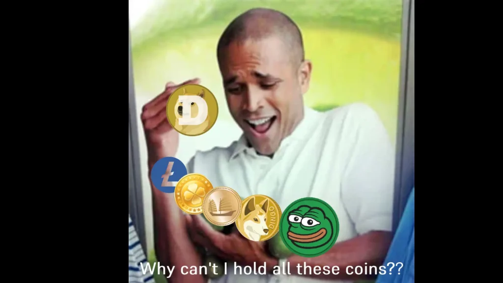 Crypto mining meme showing a miner overwhelmed holding multiple coins like Litecoin Dogecoin and other cryptocurrencies from merged mining