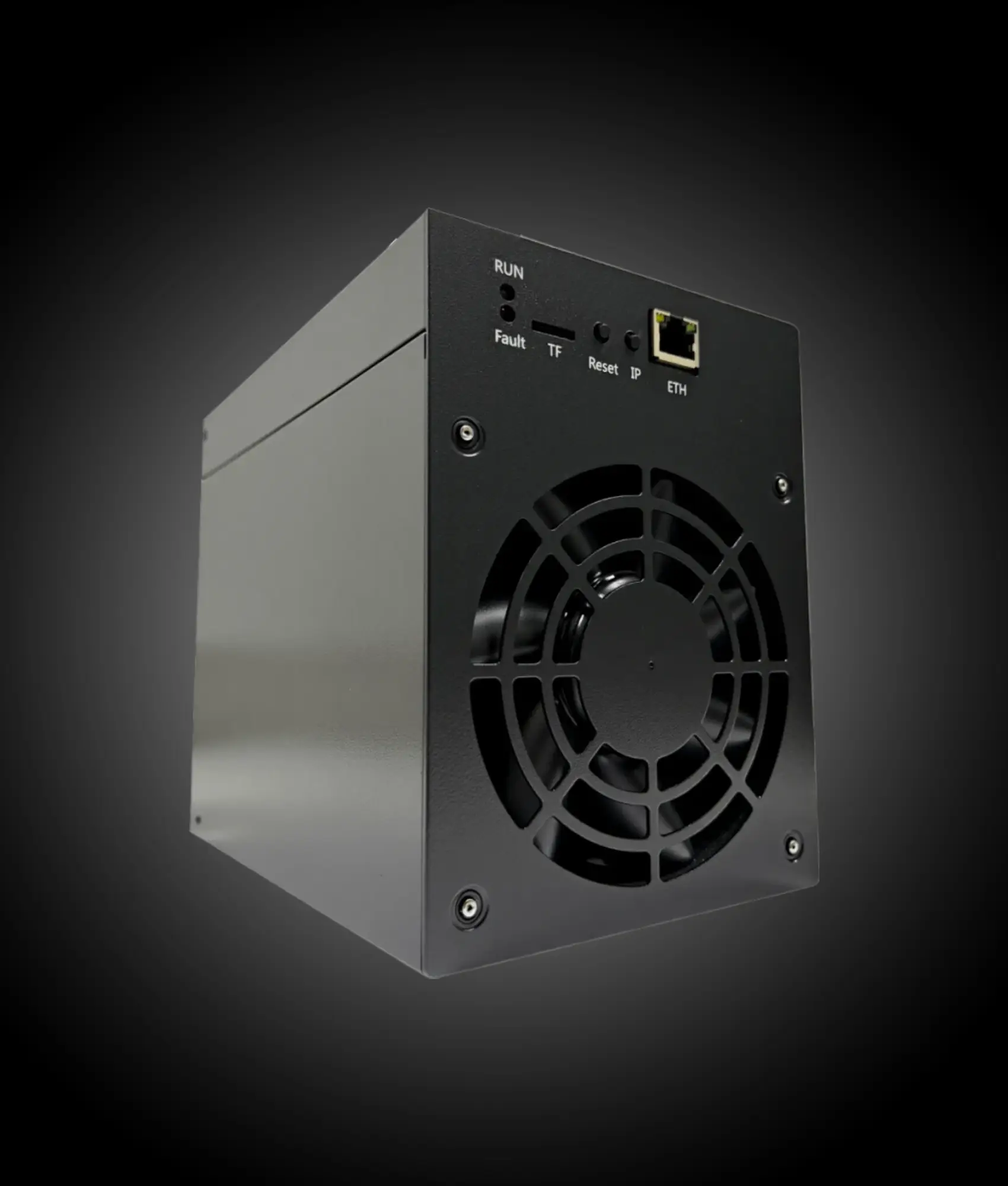 PINECONE Matches Inbox 1.4G crypto mining device rear view showing cooling fan, Ethernet port, and status indicators