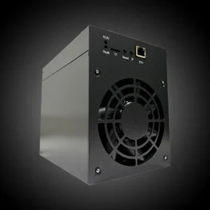 PINECONE Matches Inbox 850M Bitcoin miner rear view with cooling fan and ethernet port