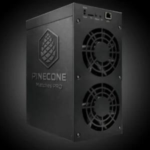 PINECONE Matches Inbox Pro 2.4G crypto mining device showing dual cooling fans, Ethernet port, and status indicator panel